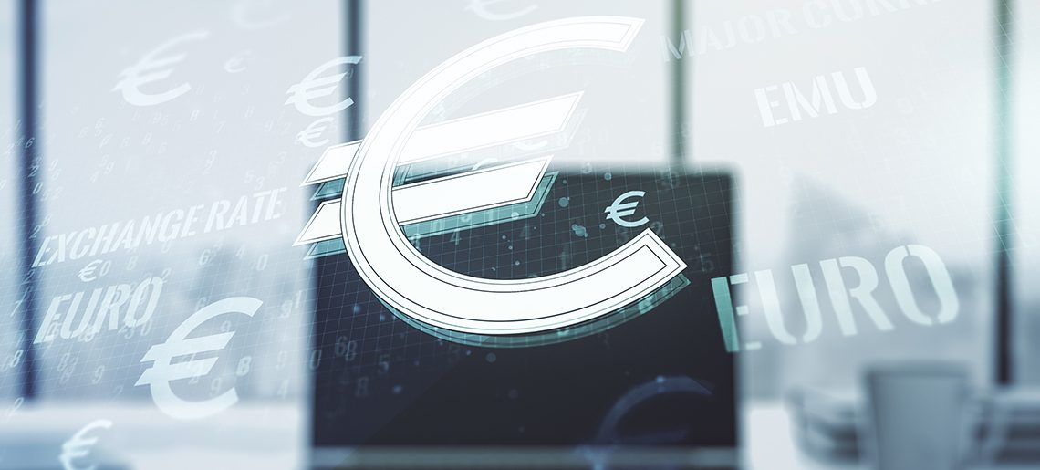 Double exposure of creative EURO USD symbols hologram on laptop background. Banking and investing concept
