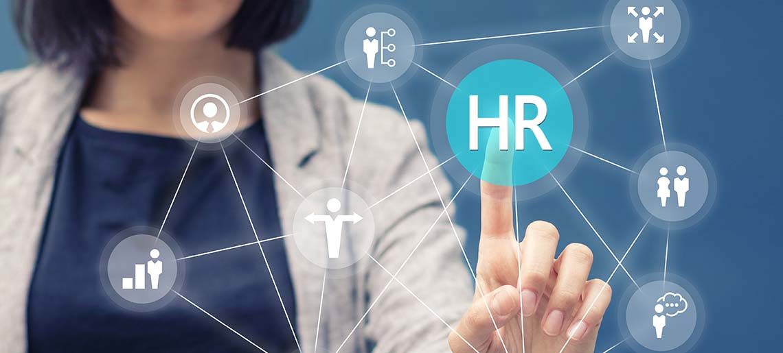 Businesswoman pressing human resources button on digital touch screen. Human resource management concept.