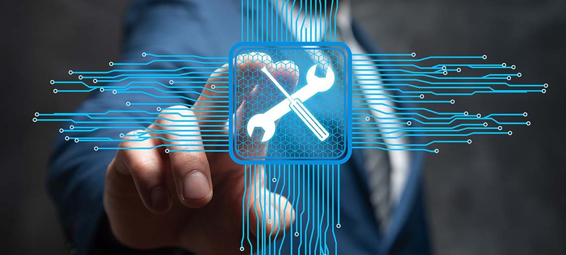 Technical support tools in the motherboard on a virtual screen. Man tapping on the screen