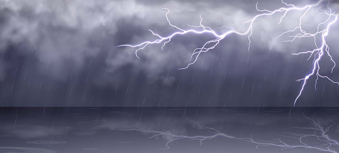 Rainy thunderstorm vector background lightning in sky. Dark cloudy storm weather and thunder in autumn. Electric flash nature energy and hurricane panoramic landscape for horror picture landscape